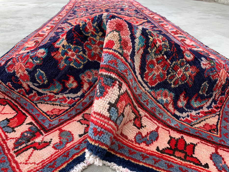 11'9 x 3'9 Hand-Knotted Persian Wool Runner Rug in Navy, Pink & Ivory Traditional Floral Medallion Design | KBHM-1049