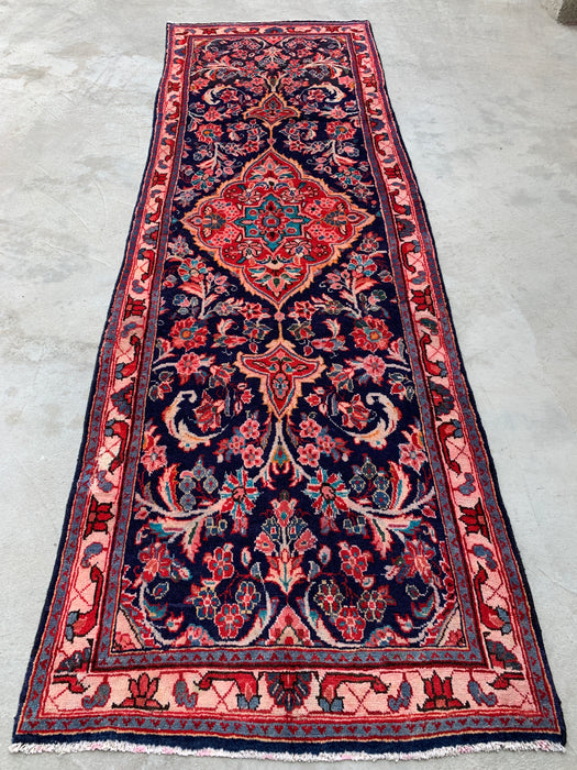 11'9 x 3'9 Hand-Knotted Persian Wool Runner Rug in Navy, Pink & Ivory Traditional Floral Medallion Design | KBHM-1049