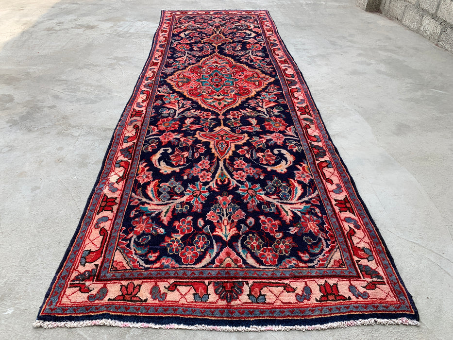 11'9 x 3'9 Hand-Knotted Persian Wool Runner Rug in Navy, Pink & Ivory Traditional Floral Medallion Design | KBHM-1049