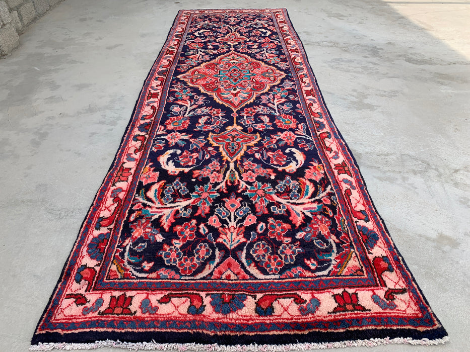 11'9 x 3'9 Hand-Knotted Persian Wool Runner Rug in Navy, Pink & Ivory Traditional Floral Medallion Design | KBHM-1049