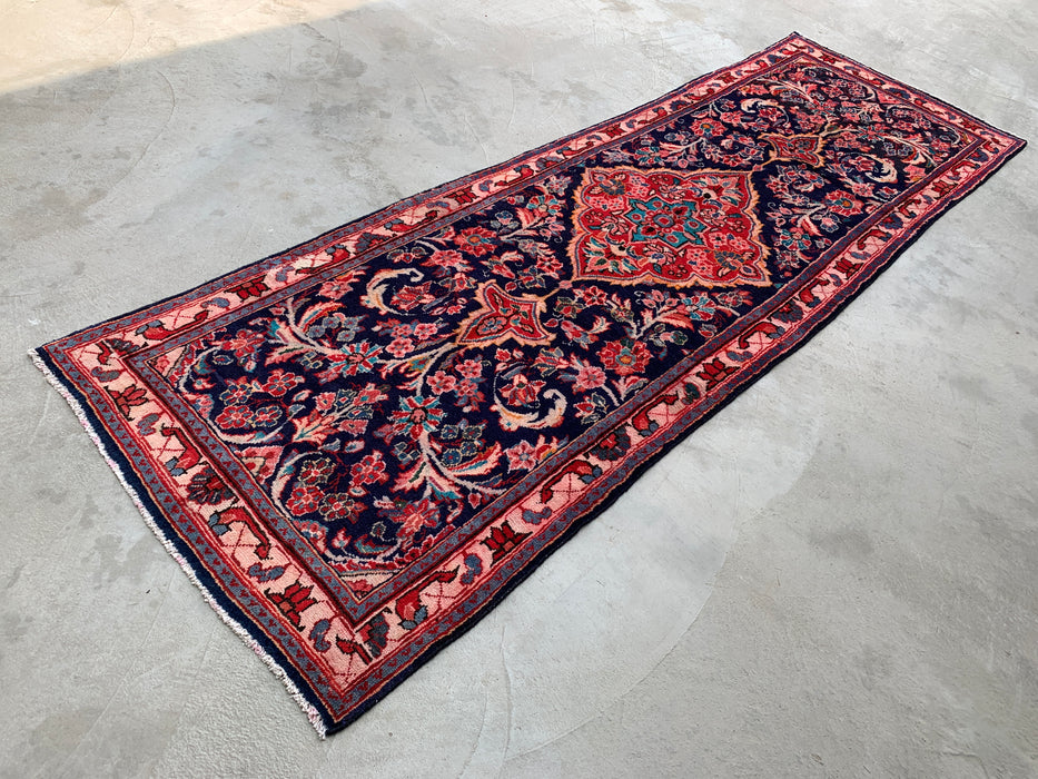 11'9 x 3'9 Hand-Knotted Persian Wool Runner Rug in Navy, Pink & Ivory Traditional Floral Medallion Design | KBHM-1049