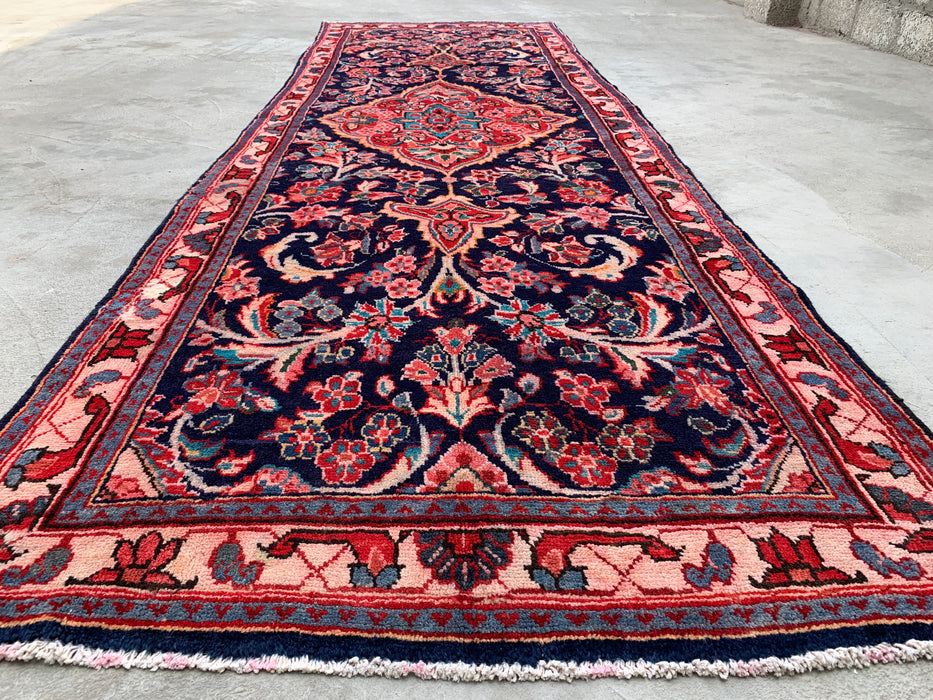 11'9 x 3'9 Hand-Knotted Persian Wool Runner Rug in Navy, Pink & Ivory Traditional Floral Medallion Design | KBHM-1049