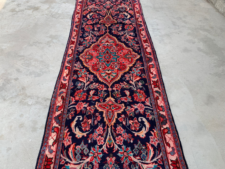 11'9 x 3'9 Hand-Knotted Persian Wool Runner Rug in Navy, Pink & Ivory Traditional Floral Medallion Design | KBHM-1049