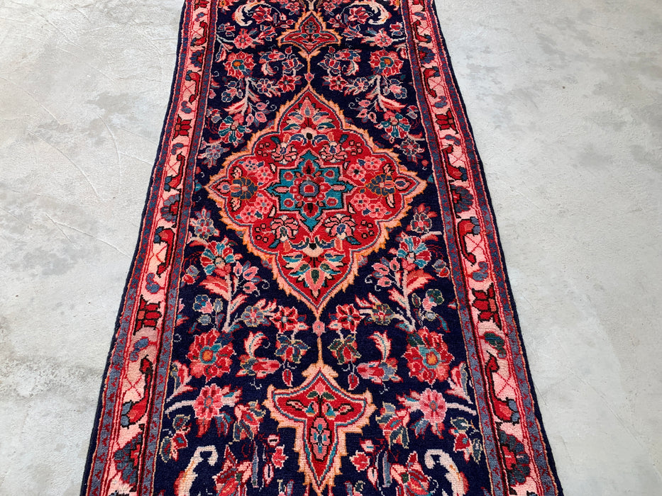 11'9 x 3'9 Hand-Knotted Persian Wool Runner Rug in Navy, Pink & Ivory Traditional Floral Medallion Design | KBHM-1049