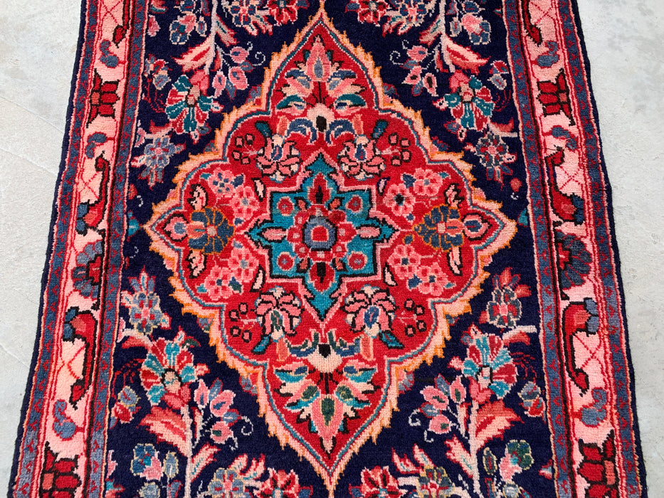 11'9 x 3'9 Hand-Knotted Persian Wool Runner Rug in Navy, Pink & Ivory Traditional Floral Medallion Design | KBHM-1049