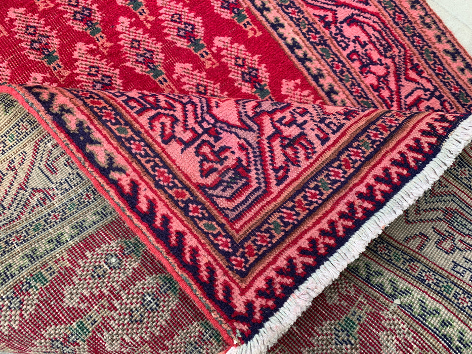 11'10 x 3'1 Hand-Knotted Persian Wool Runner Rug in Red, Pink & Navy Repeating Floral Motif Design | KBHM-1050