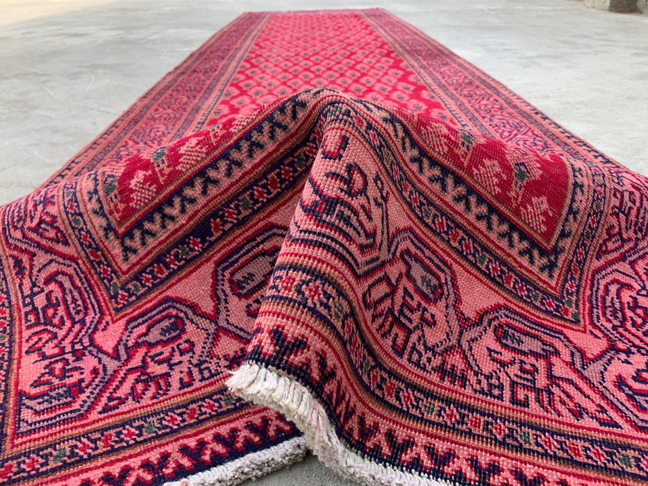 11'10 x 3'1 Hand-Knotted Persian Wool Runner Rug in Red, Pink & Navy Repeating Floral Motif Design | KBHM-1050