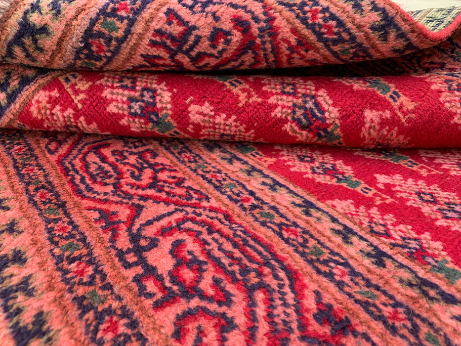 11'10 x 3'1 Hand-Knotted Persian Wool Runner Rug in Red, Pink & Navy Repeating Floral Motif Design | KBHM-1050
