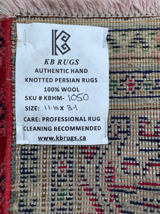 11'10 x 3'1 Hand-Knotted Persian Wool Runner Rug in Red, Pink & Navy Repeating Floral Motif Design | KBHM-1050