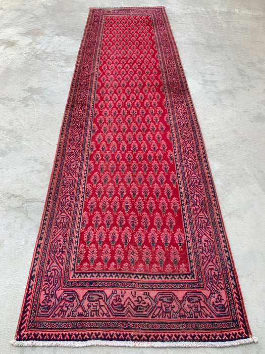 11'10 x 3'1 Hand-Knotted Persian Wool Runner Rug in Red, Pink & Navy Repeating Floral Motif Design | KBHM-1050