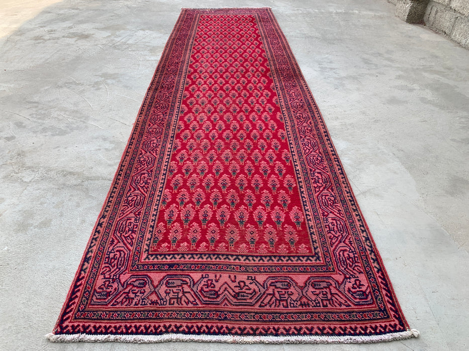 11'10 x 3'1 Hand-Knotted Persian Wool Runner Rug in Red, Pink & Navy Repeating Floral Motif Design | KBHM-1050