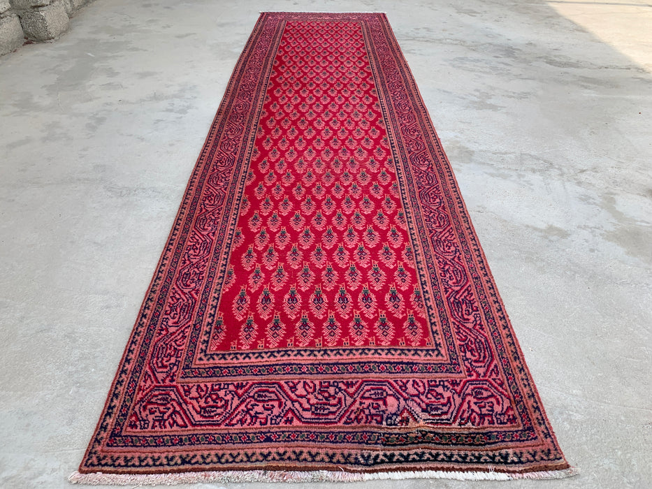 11'10 x 3'1 Hand-Knotted Persian Wool Runner Rug in Red, Pink & Navy Repeating Floral Motif Design | KBHM-1050