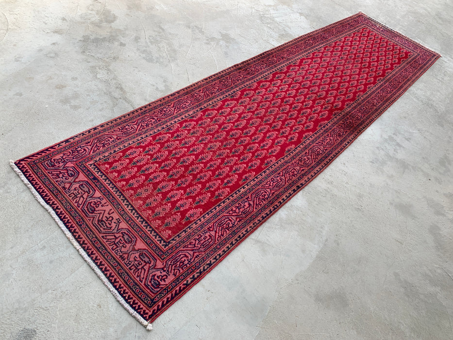 11'10 x 3'1 Hand-Knotted Persian Wool Runner Rug in Red, Pink & Navy Repeating Floral Motif Design | KBHM-1050