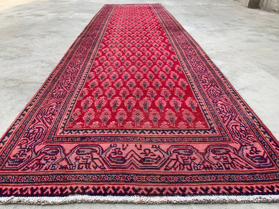 11'10 x 3'1 Hand-Knotted Persian Wool Runner Rug in Red, Pink & Navy Repeating Floral Motif Design | KBHM-1050