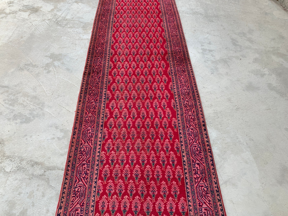 11'10 x 3'1 Hand-Knotted Persian Wool Runner Rug in Red, Pink & Navy Repeating Floral Motif Design | KBHM-1050
