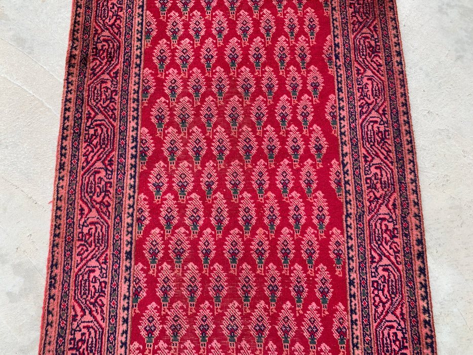 11'10 x 3'1 Hand-Knotted Persian Wool Runner Rug in Red, Pink & Navy Repeating Floral Motif Design | KBHM-1050