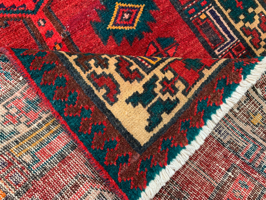 7'8 x 3'1 Hand-Knotted Persian Wool Runner Rug in Red, Navy & Ivory Tribal Geometric Medallion Design | KBHM-1051