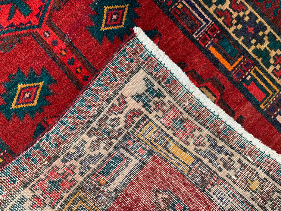 7'8 x 3'1 Hand-Knotted Persian Wool Runner Rug in Red, Navy & Ivory Tribal Geometric Medallion Design | KBHM-1051