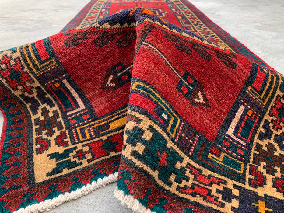 7'8 x 3'1 Hand-Knotted Persian Wool Runner Rug in Red, Navy & Ivory Tribal Geometric Medallion Design | KBHM-1051