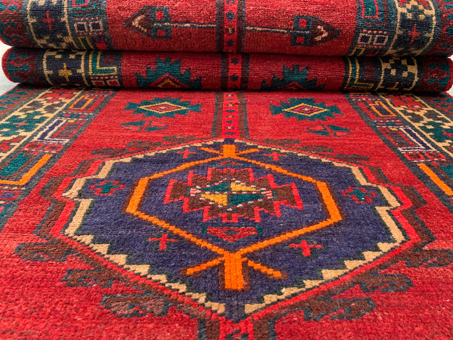 7'8 x 3'1 Hand-Knotted Persian Wool Runner Rug in Red, Navy & Ivory Tribal Geometric Medallion Design | KBHM-1051