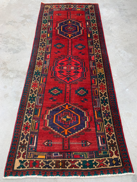7'8 x 3'1 Hand-Knotted Persian Wool Runner Rug in Red, Navy & Ivory Tribal Geometric Medallion Design | KBHM-1051