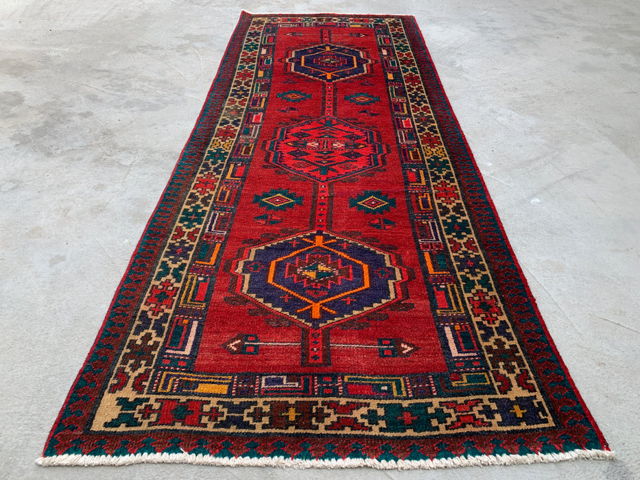 7'8 x 3'1 Hand-Knotted Persian Wool Runner Rug in Red, Navy & Ivory Tribal Geometric Medallion Design | KBHM-1051