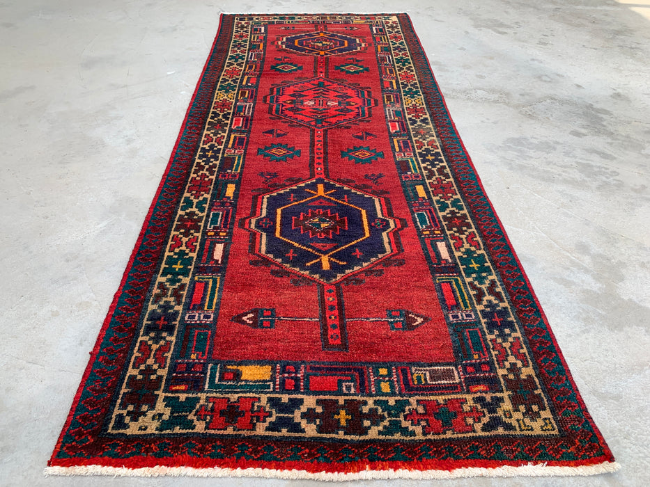 7'8 x 3'1 Hand-Knotted Persian Wool Runner Rug in Red, Navy & Ivory Tribal Geometric Medallion Design | KBHM-1051