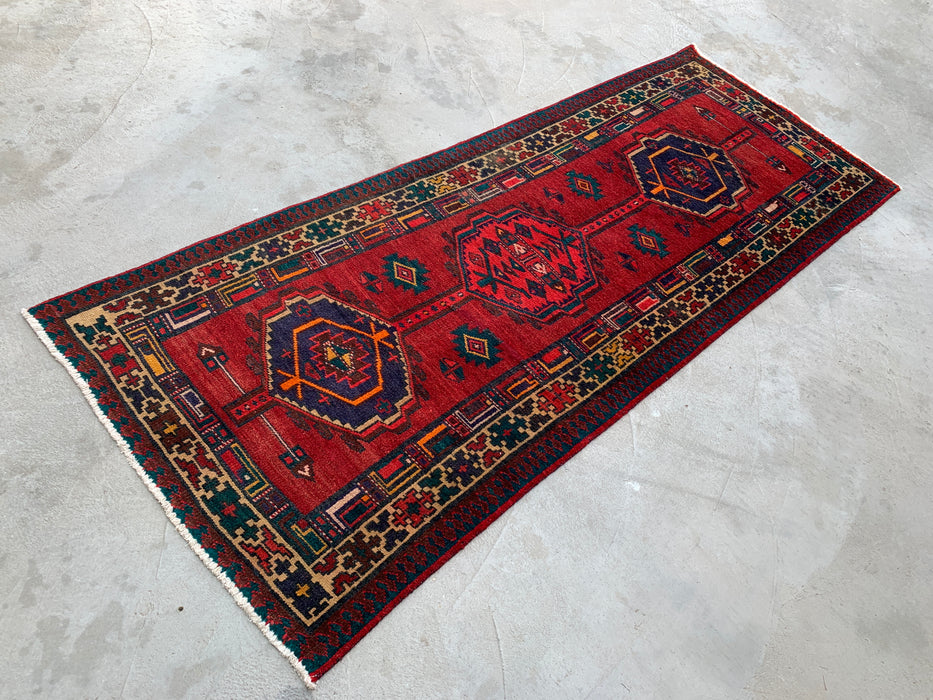 7'8 x 3'1 Hand-Knotted Persian Wool Runner Rug in Red, Navy & Ivory Tribal Geometric Medallion Design | KBHM-1051