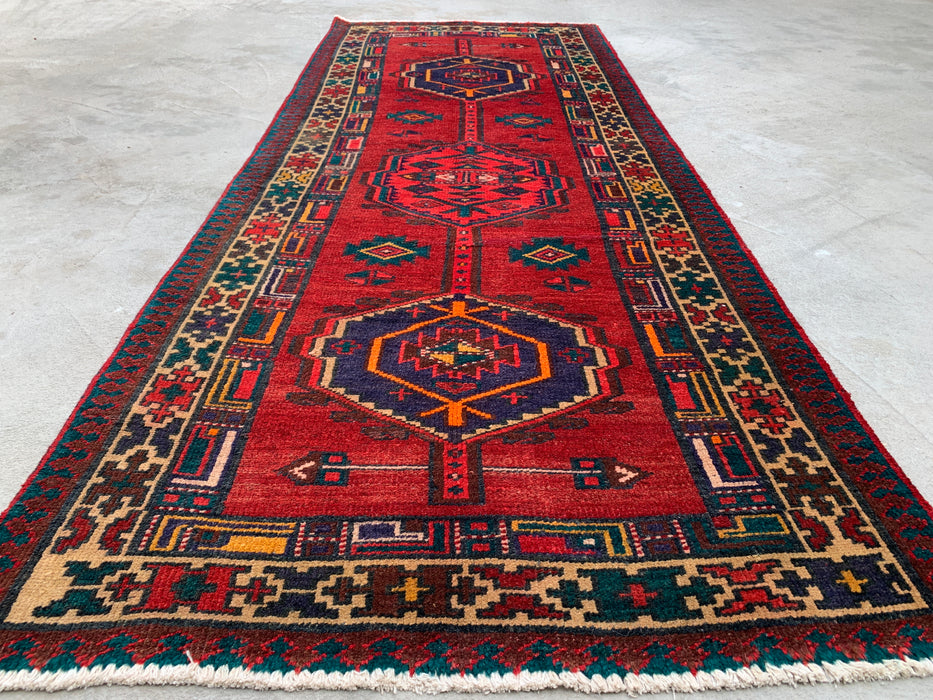 7'8 x 3'1 Hand-Knotted Persian Wool Runner Rug in Red, Navy & Ivory Tribal Geometric Medallion Design | KBHM-1051