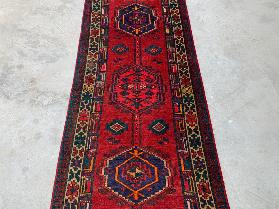 7'8 x 3'1 Hand-Knotted Persian Wool Runner Rug in Red, Navy & Ivory Tribal Geometric Medallion Design | KBHM-1051