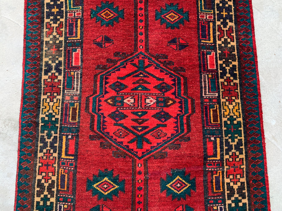 7'8 x 3'1 Hand-Knotted Persian Wool Runner Rug in Red, Navy & Ivory Tribal Geometric Medallion Design | KBHM-1051