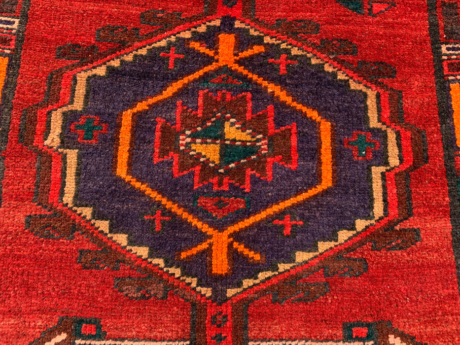 7'8 x 3'1 Hand-Knotted Persian Wool Runner Rug in Red, Navy & Ivory Tribal Geometric Medallion Design | KBHM-1051
