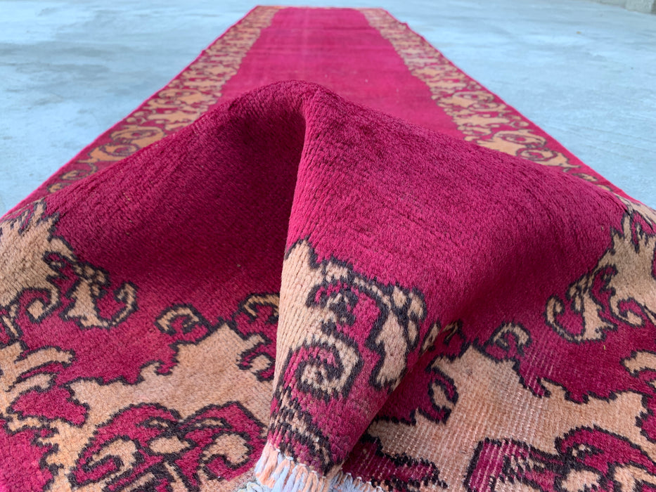 11'3 x 2'10 Hand-Knotted Persian Wool Runner Rug in Magenta, Beige & Brown Minimal Border Design | KBHM-1053