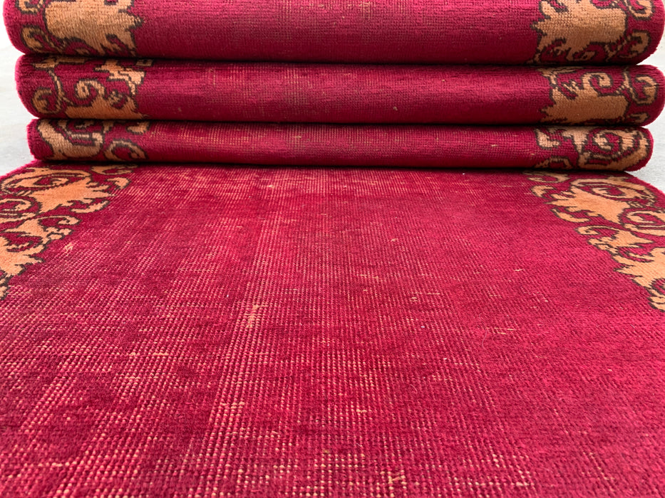 11'3 x 2'10 Hand-Knotted Persian Wool Runner Rug in Magenta, Beige & Brown Minimal Border Design | KBHM-1053
