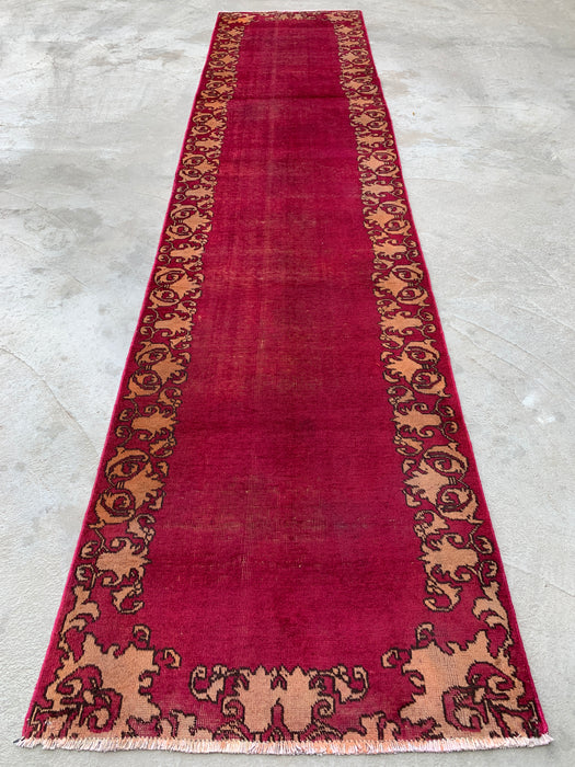 11'3 x 2'10 Hand-Knotted Persian Wool Runner Rug in Magenta, Beige & Brown Minimal Border Design | KBHM-1053
