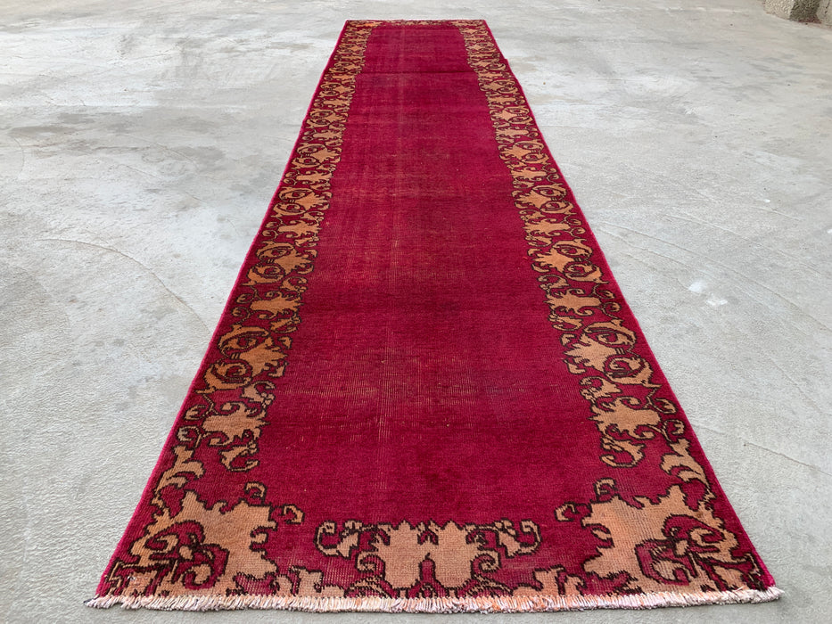 11'3 x 2'10 Hand-Knotted Persian Wool Runner Rug in Magenta, Beige & Brown Minimal Border Design | KBHM-1053