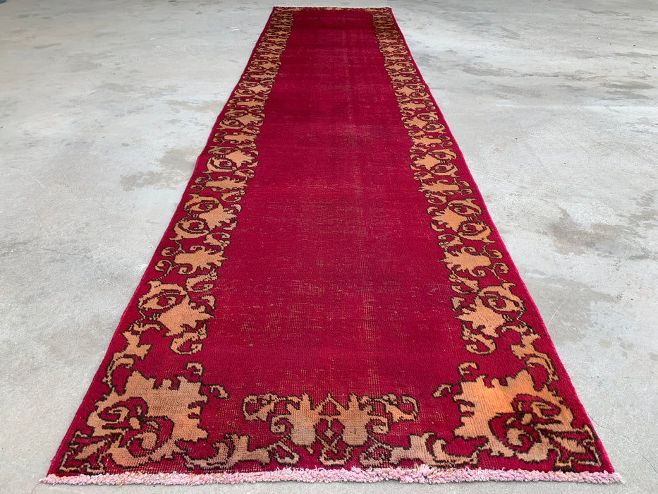 11'3 x 2'10 Hand-Knotted Persian Wool Runner Rug in Magenta, Beige & Brown Minimal Border Design | KBHM-1053