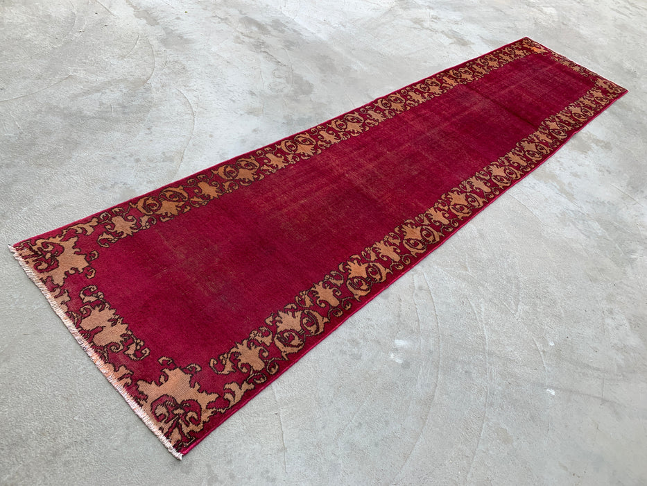 11'3 x 2'10 Hand-Knotted Persian Wool Runner Rug in Magenta, Beige & Brown Minimal Border Design | KBHM-1053