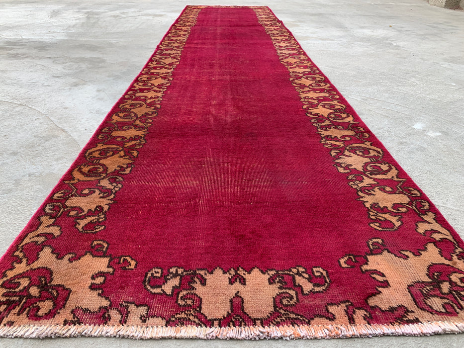 11'3 x 2'10 Hand-Knotted Persian Wool Runner Rug in Magenta, Beige & Brown Minimal Border Design | KBHM-1053
