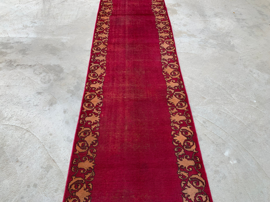 11'3 x 2'10 Hand-Knotted Persian Wool Runner Rug in Magenta, Beige & Brown Minimal Border Design | KBHM-1053