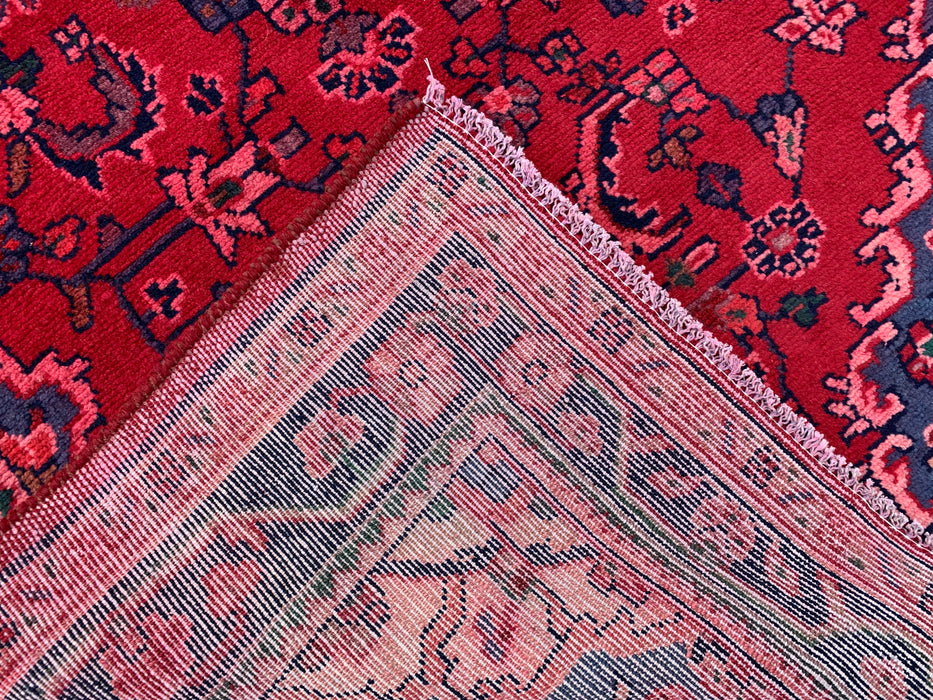 9'2 x 3'5 Hand-Knotted Persian Wool Runner Rug in Red, Navy & Pink Traditional Floral Medallion Design | KBHM-1054