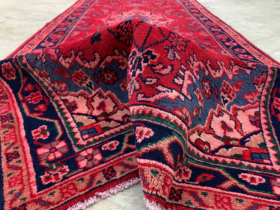 9'2 x 3'5 Hand-Knotted Persian Wool Runner Rug in Red, Navy & Pink Traditional Floral Medallion Design | KBHM-1054