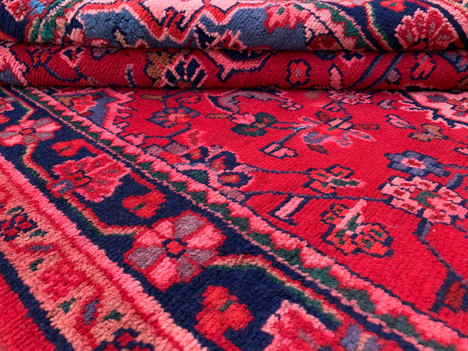 9'2 x 3'5 Hand-Knotted Persian Wool Runner Rug in Red, Navy & Pink Traditional Floral Medallion Design | KBHM-1054