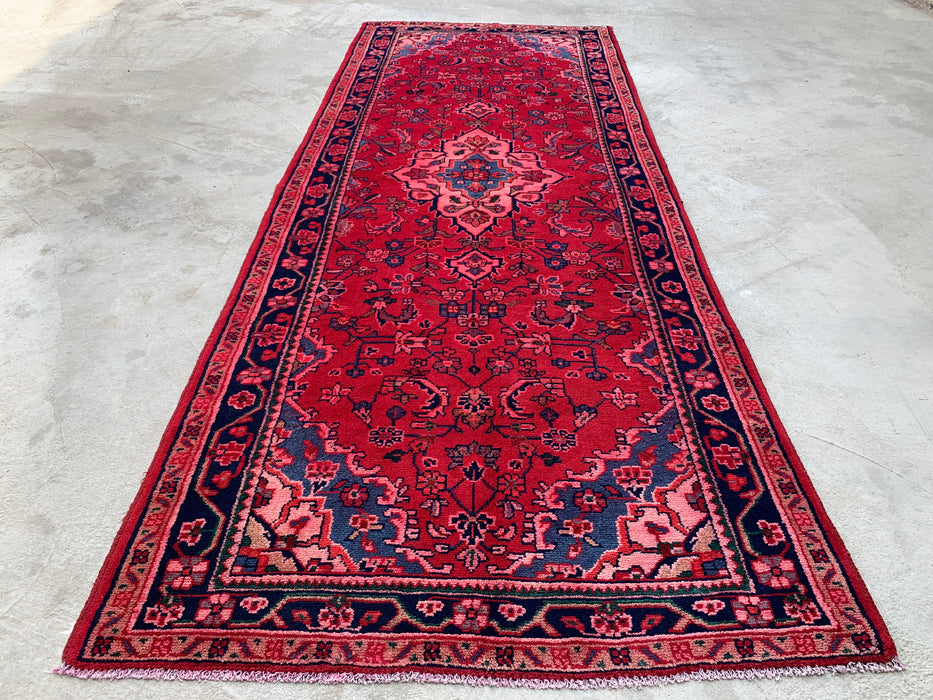 9'2 x 3'5 Hand-Knotted Persian Wool Runner Rug in Red, Navy & Pink Traditional Floral Medallion Design | KBHM-1054