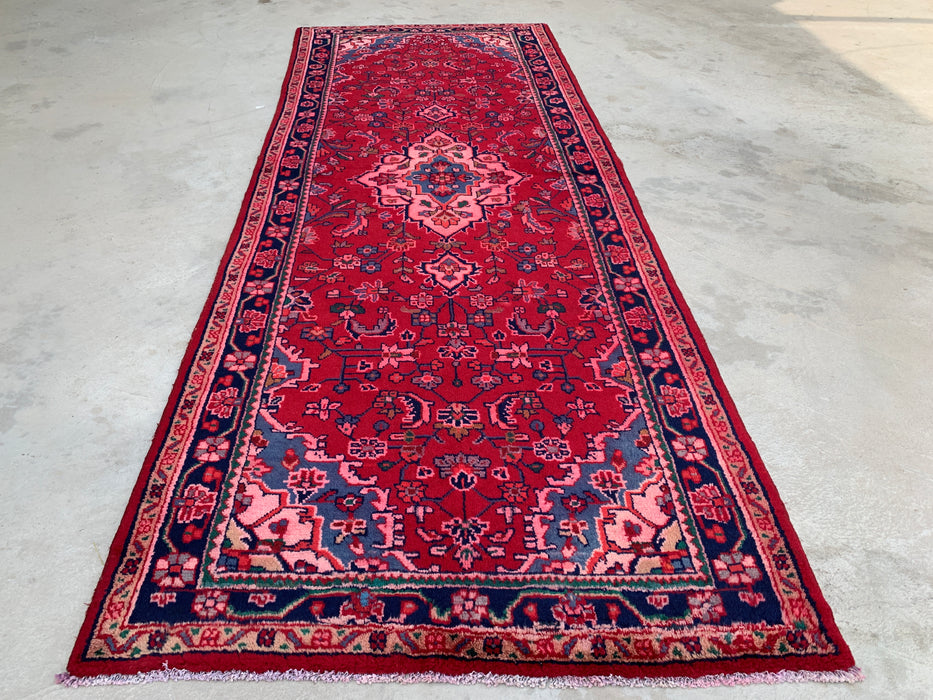 9'2 x 3'5 Hand-Knotted Persian Wool Runner Rug in Red, Navy & Pink Traditional Floral Medallion Design | KBHM-1054