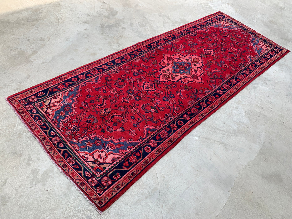 9'2 x 3'5 Hand-Knotted Persian Wool Runner Rug in Red, Navy & Pink Traditional Floral Medallion Design | KBHM-1054
