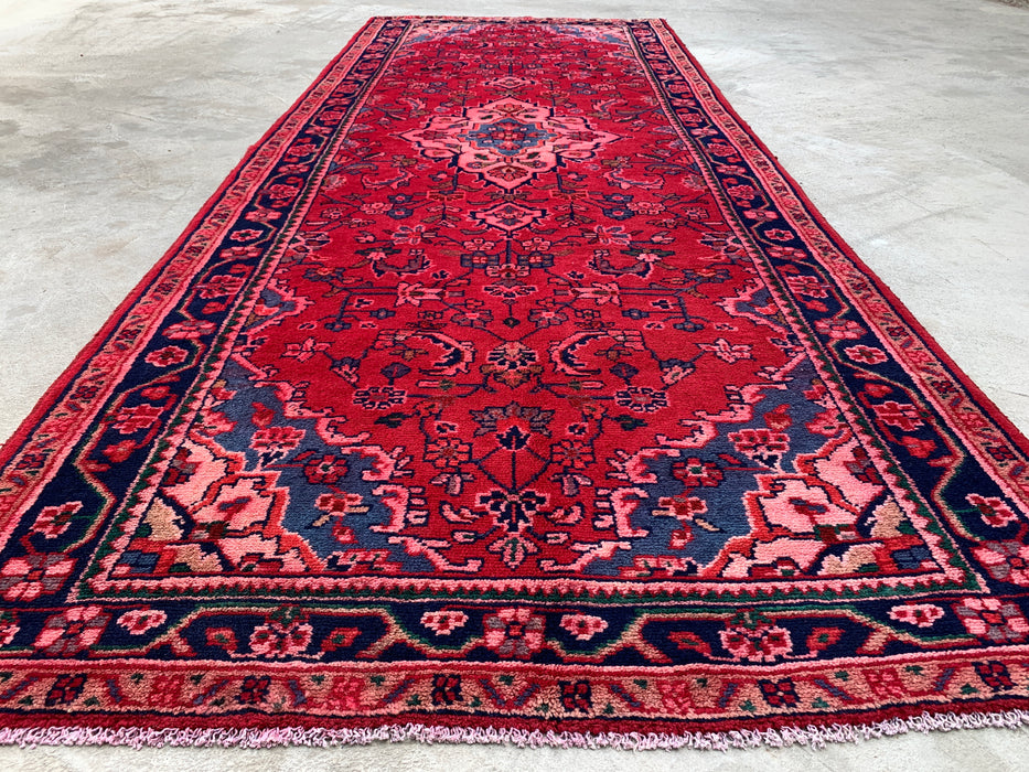 9'2 x 3'5 Hand-Knotted Persian Wool Runner Rug in Red, Navy & Pink Traditional Floral Medallion Design | KBHM-1054