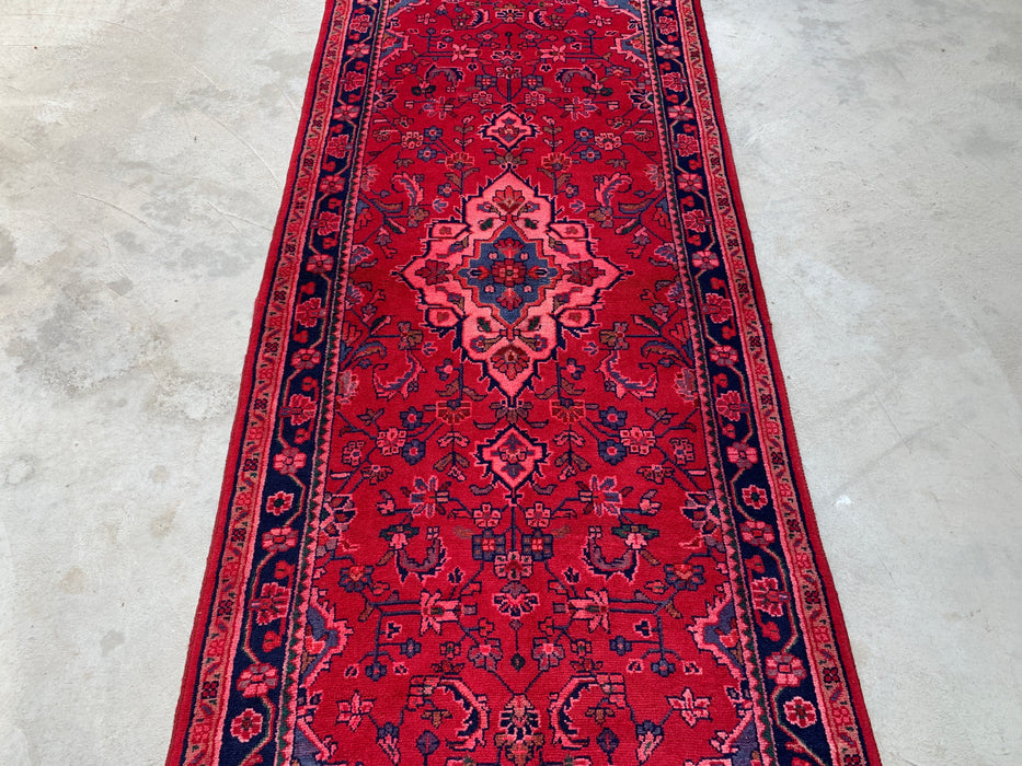 9'2 x 3'5 Hand-Knotted Persian Wool Runner Rug in Red, Navy & Pink Traditional Floral Medallion Design | KBHM-1054