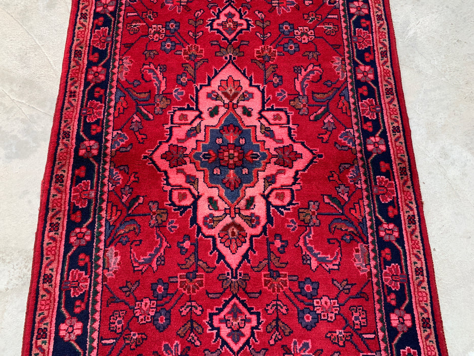 9'2 x 3'5 Hand-Knotted Persian Wool Runner Rug in Red, Navy & Pink Traditional Floral Medallion Design | KBHM-1054