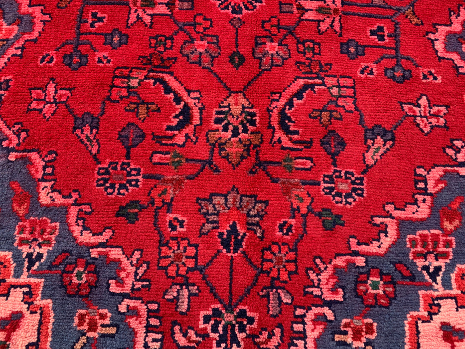 9'2 x 3'5 Hand-Knotted Persian Wool Runner Rug in Red, Navy & Pink Traditional Floral Medallion Design | KBHM-1054